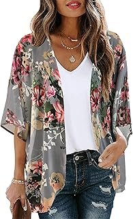 Women's Floral Print Puff Sleeve Kimono Cardigan Loose Cover Up Casual Blouse Tops