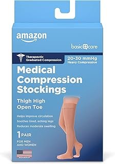 Amazon Basic Care Medical Compression Stockings for Circulation, Varicose Veins, Edema, Swelling, 20-30 mmHg, Women & Men Thigh Length Hose, Open Toe, Beige, X-Large (Previously NuVein)