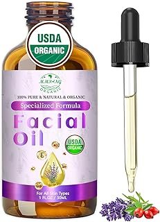 Organic Face Oil with Lavender, Rosehip, Frankincense, Pomegranate & Vitamin E - USDA Certified Cold Pressed 100% Natural Anti-Aging Facial Oil for Moisturizing, Brightening - 1oz / 30ml