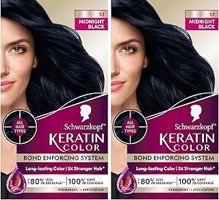 Schwarzkopf Keratin Color Permanent Hair Color, 1.1 Midnight Black, 1 Application-Professionally Inspired Permanent Hair Dye, for up to 80% Less Breakage vs Untreated Hair and up to 100% Gray Coverage