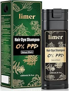 Limer Hair Dye Shampoo Natural Black Color, PPD-Free for Sensitive Scalp, 6 in 1 Herbal Gentle Formula Gray Coverage for Men Women, Ammonia-Free, Semi-Permanent (6.76fl oz/200ml)