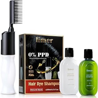 Hair Dye Shampoo PPD-Free for Sensitive Scalp, Comb-In Root Touch-Up Natural Black 6 in 1 Herbal Gentle Formula Gray Coverage for Men Women, Ammonia-Free, Semi-Permanent (6.76fl oz/200ml)