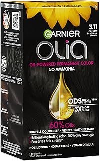 Garnier Olia Hair Color, Ammonia-Free Permanent Hair Dye, Oil-Powered Formula for 100% Gray Coverage and 3x Shinier Hair, Vegan & Cruelty Free, 3.11 Darkest Platinum Brown, 1 Count