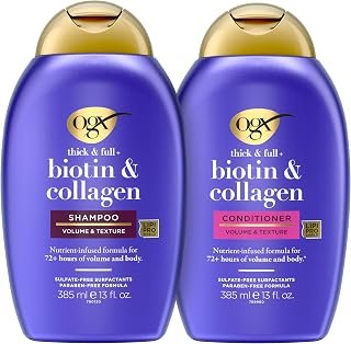 OGX Thick & Full + Biotin & Collagen Shampoo & Conditioner, 2 x 13 fl. oz | Shampoo & Conditioner Set, For Fine & Thinning Hair, Gives Volume & Body, Sulfate-Free, Nutrient-Infused, With Vitamin B7