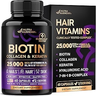 Biotin | Collagen | Hyaluronic Acid | Keratin - Hair Growth & Strength Support Vitamins - Skin & Nails Supplement - Clinically Tested for Men & Women - 25000mcg Vitamins B1, B2, B3, B6 & B7 - 60 Caps