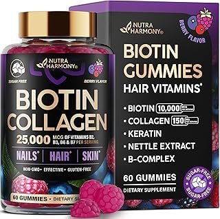 Biotin Gummies with Collagen - Hair Growth Support, Skin, & Nail Strength - for Women & Men - Biotin 10000mcg | Keratin | Hyaluronic Acid | B-Complex | Nettle - Sugar-Free, Mixed Berry, 60 Gummies