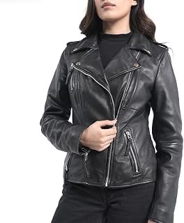 Women's Lambskin Leather Motorcycle Jacket - Real Leather Biker Jacket Women with Leather Pullers for Timeless Style