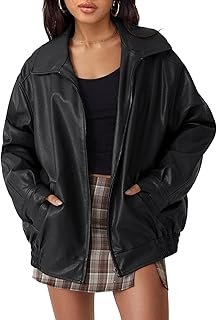 Women's Oversized Faux Leather Jacket Boyfriend Biker Moto Coat Lightweight Fall Bomber Outerwear