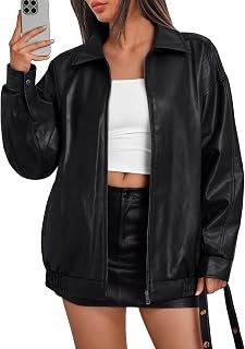 Womens Oversized Leather Jacket Moto Bomber Coat Spring Fall