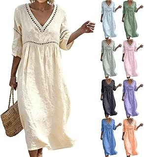 Linen Dresses for Women 2026 Cotton Maxi 3/4 Sleeve V Neck Pleated Lace Dress Loose Boho Summer Beach Vacation Boho