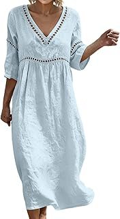 Linen Dresses for Women 2026 Cotton Maxi 3/4 Sleeve V Neck Pleated Lace Dress Loose Boho Summer Beach Vacation Boho