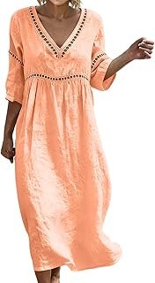 Linen Dresses for Women 2026 Cotton Maxi 3/4 Sleeve V Neck Pleated Lace Dress Loose Boho Summer Beach Vacation Boho
