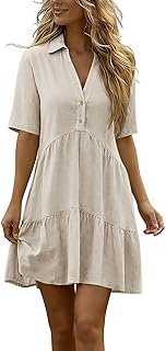 Womens Cotton Linen Dresses Summer Casual Loose Fit Sundress V Neck Button Down Short Sleeve Mini Dress