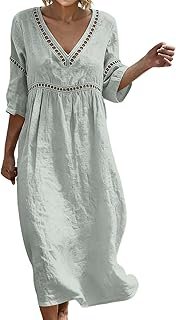 Linen Dresses for Women 2026 Cotton Maxi 3/4 Sleeve V Neck Pleated Lace Dress Loose Boho Summer Beach Vacation Boho