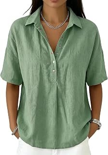 Cotton Linen Shirts for Women Summer Henley V Neck Half Sleeve Blouse