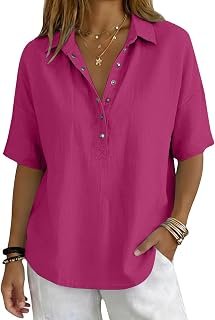 Linen Tops for Women Breathable Gauze Shirts Cotton Button Down Summer Elbow Length Blouses Dressy Casual Clothes
