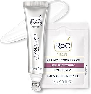 RoC Derm Correxion Lip Volumizer - Lip Plumper Peptide Treatment with Hyaluronic Acid & Vitamin E + Line Smoothing Eye Cream Packette