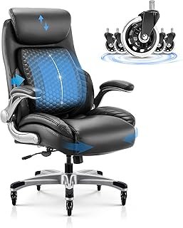 COLAMY Office Ergonomic Desk High Back Executive Chair with Pop-Out Lumbar Support, Upgraded Casters, Adjustable Headrest, Flip-Up Arms, Leather Home with Thick Cushion for Comfort - Black