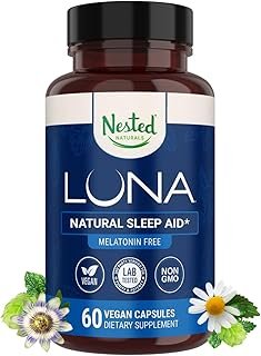 Nested Naturals Luna Melatonin-Free Sleep Supplement - Non-Habit Forming Herbal Sleep Supplement, Adult Bedtime Support, Help Sleeping w/Chamomile, Valerian, L-Theanine - 60 Vegan Capsules