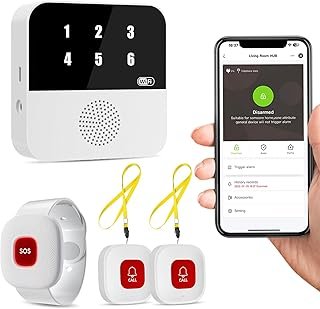 WiFi Caregiver Pager Smart Call System - Display Caller ID & App Alerts, No Monthly Fee, IP65 Waterproof Wristband + 2 Call Buttons, Emergency Alert Button for Elderly at Home & Nursing Care