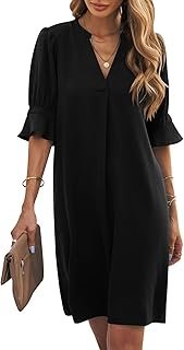 Shift Dress for Women V Neck Short Sleeves Solid Color Casual Flowy Summer Dresses(S-2XL)