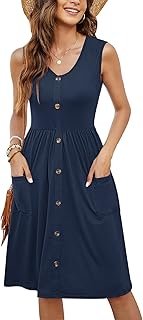 Women Summer Dresses Sleeveless Casual Loose Swing Button Down Midi Dress with Pockets