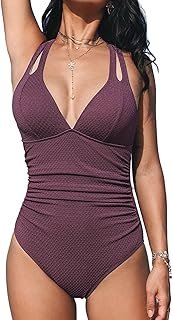 Women's One Piece Swimsuit Tummy Control Deep V Neck Double Straps Crisscross Back Tie Bathing Suit