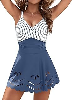 Womens One Piece Swimsuit Tummy Control with Cutout Skirt Bathing Suit Modest Twist Front Swim Dress