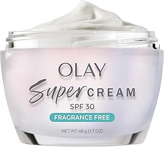 Olay Super Cream with Sunscreen SPF 30, Fragrance Free Lightweight Face Moisturizer with Sun Protection, 5-in-1 Skin Care - Hydrating, Brightening - Niacinamide, Vitamin C, Collagen, 1.7 oz