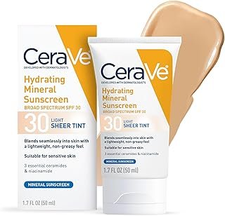 CeraVe Hydrating Mineral Sunscreen SPF 30 with Sheer Tint, Tinted Mineral Sunscreen with Zinc Oxide & Titanium Dioxide, Blends Seamlessly For Healthy Glow, Light, 1.7 Oz